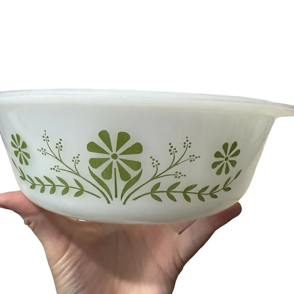 VTG Mid Century GLASBAKE GREEN DAISY 1.5 Quart Casserole Dish J-2600